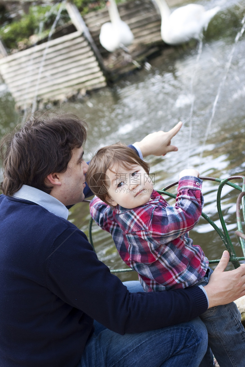 父亲和男孩拥抱男生两个人公园亲热关系亲子身份池塘天鹅图片