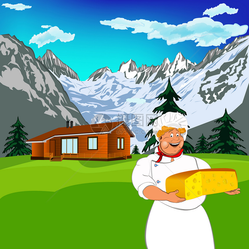 有趣的厨师和天然的苏威人奶乳酪 带山地草原蓝色山脉牛奶营养熟食插图石头产品微笑奶制品图片