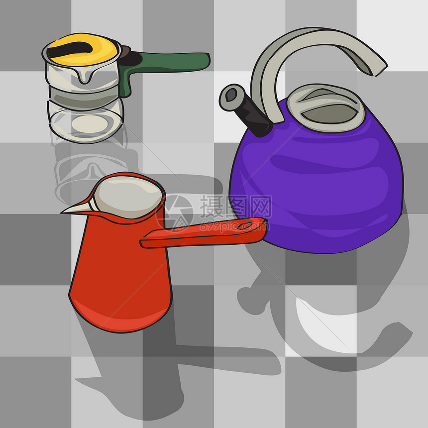 厨房水壶时间食物工具宏观卡通片午餐手绘涂鸦收藏紫色图片