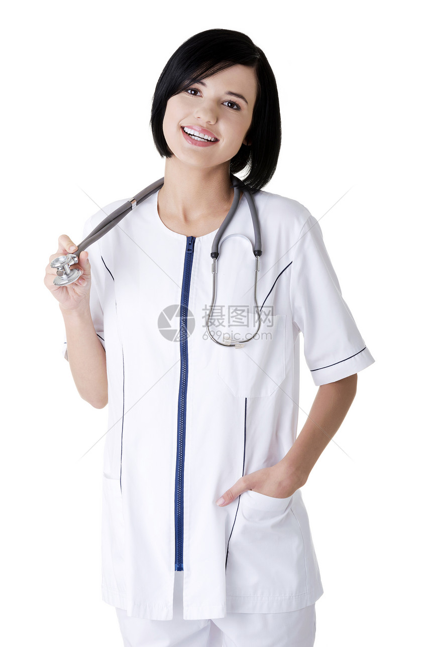 年轻护士或女医生从业者女性药品女士员工微笑保健助手疾病快乐图片