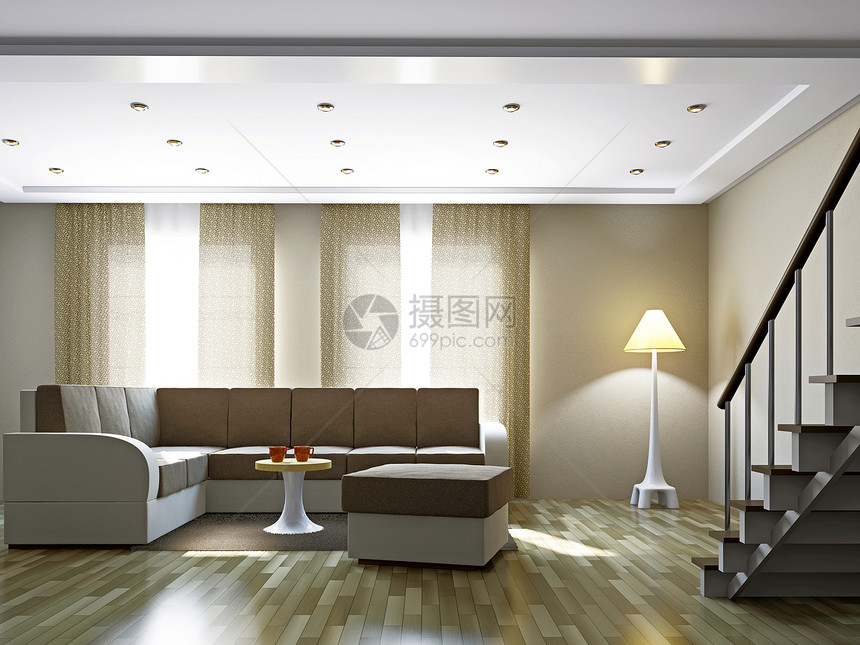 带沙发和一盏灯的客厅时尚风格楼梯阳光枕头长沙发建筑学梯子咖啡软垫图片