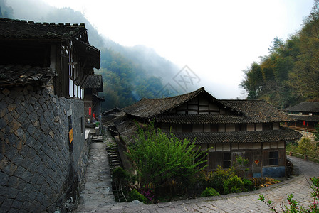 古老的村庄 林吊农村房屋石墙古村落竹子背景图片