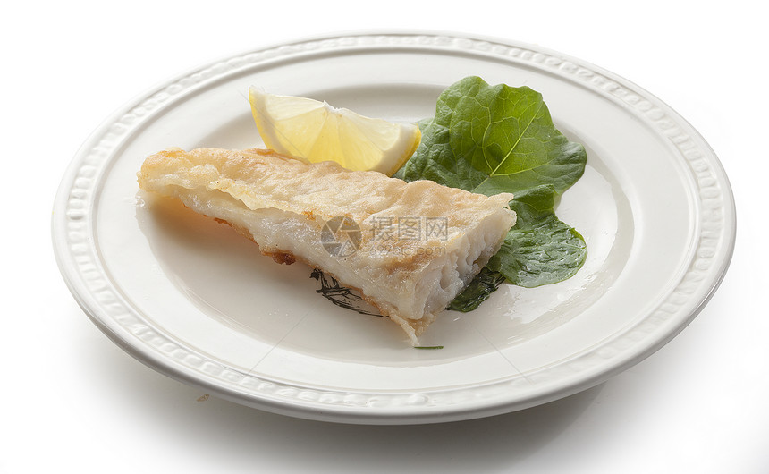 炸鱼鱼片海鲜盘子食物绿色白色黄色柠檬图片