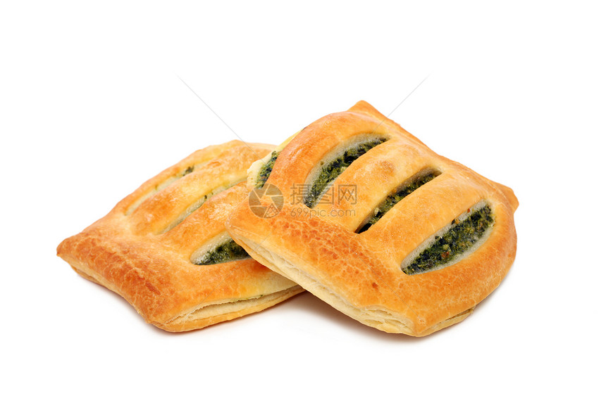 带绿菜的破碎新鲜馅饼草本植物面粉包子面包早餐美食金子乡村饮食食物图片