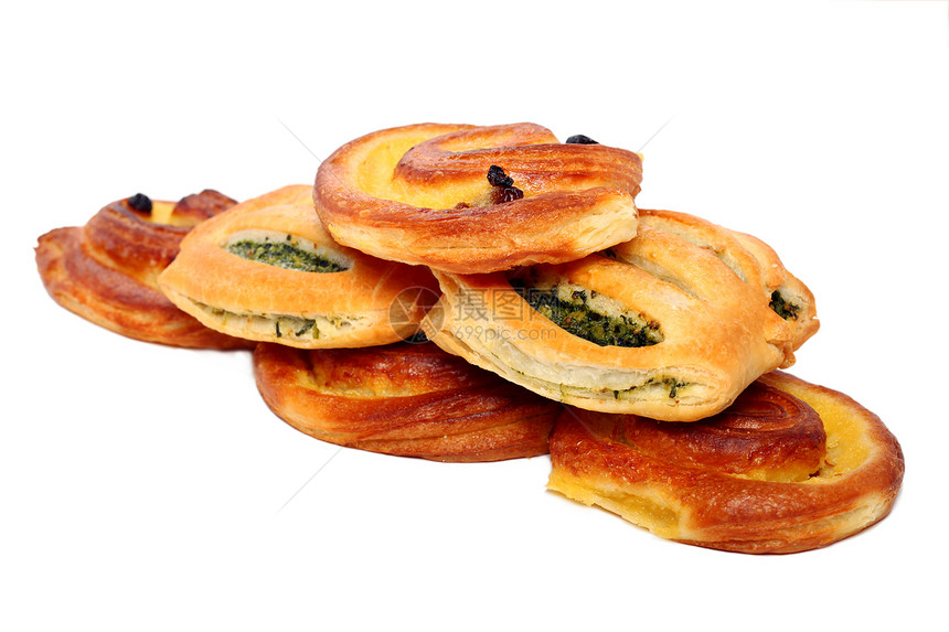 孤立的自制新鲜面包漩涡蛋糕甜点鞋垫面团早餐菠菜糕点食物包子图片