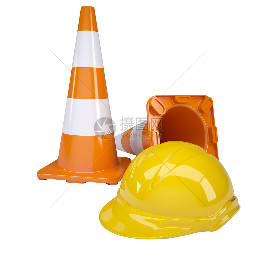 交通锥和头盔插图危险橙子安全工程师警告塑料锥体建筑师帽子图片