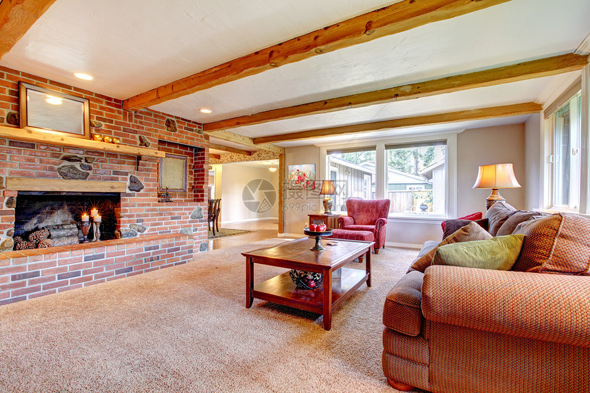 室内客厅内有砖壁炉 木束和红色娱乐房子建筑学装饰地毯沙发建筑椅子家具财产图片