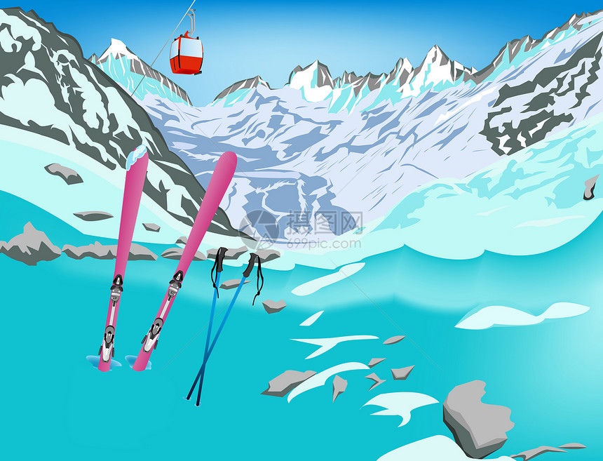 阿尔卑斯山度假胜地冬季运动滑雪休息冻结山脉插图旅游冰川全景季节天空冒险爬坡图片