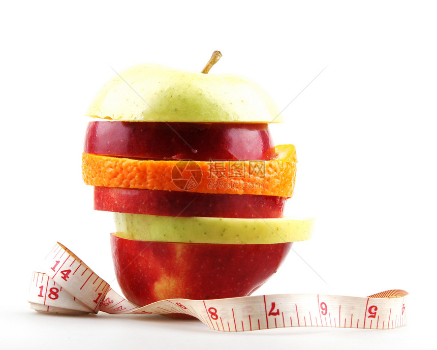饮食食物的概念举重重量减肥运动美丽测量卷尺照片相片水果图片