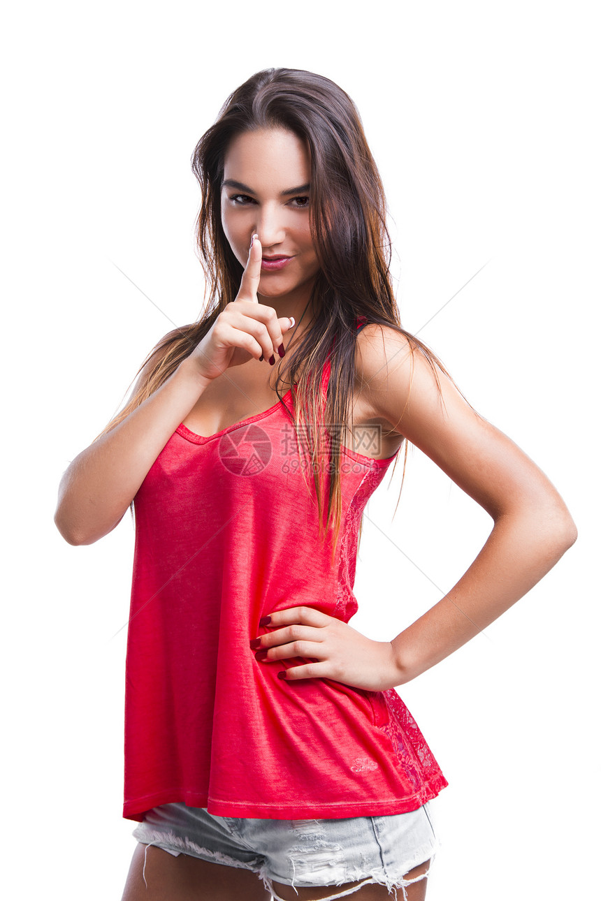 女人要求少点噪音手指手势白色秘密喜悦女性女孩红色图片