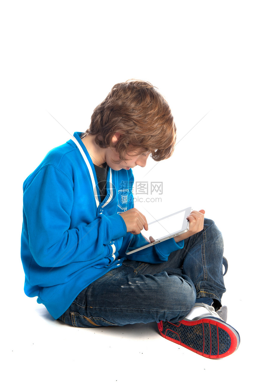 青少年耳机药片上网牛仔裤蓝色男性电脑男人孩子老乡图片
