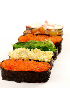 隔离的寿司套件海藻章鱼菜单风格鱼卵餐厅午餐美食螃蟹蟹卵背景图片