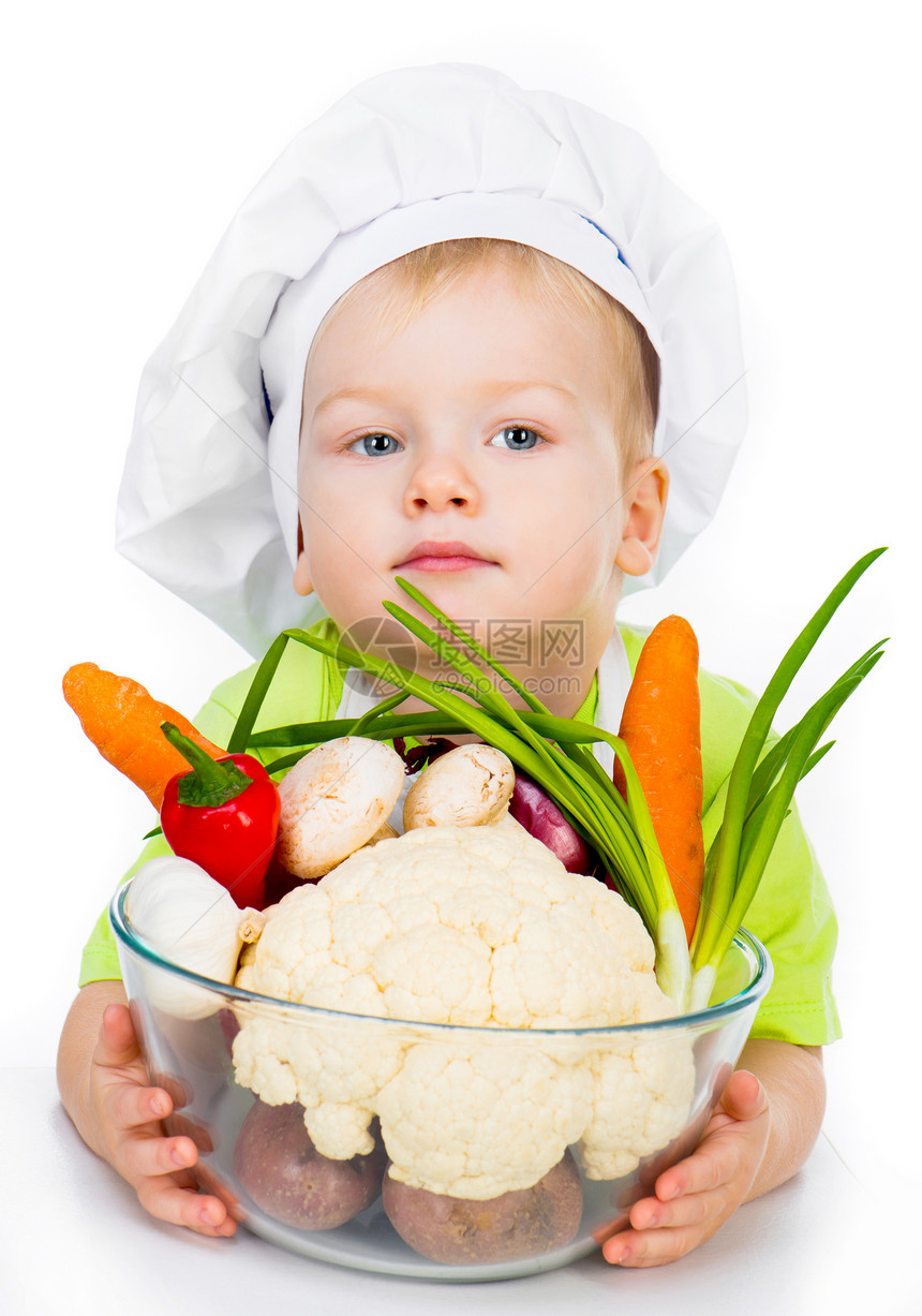 带蔬菜的男孩饮食婴儿厨师帽子孩子食物快乐乐趣童年微笑图片