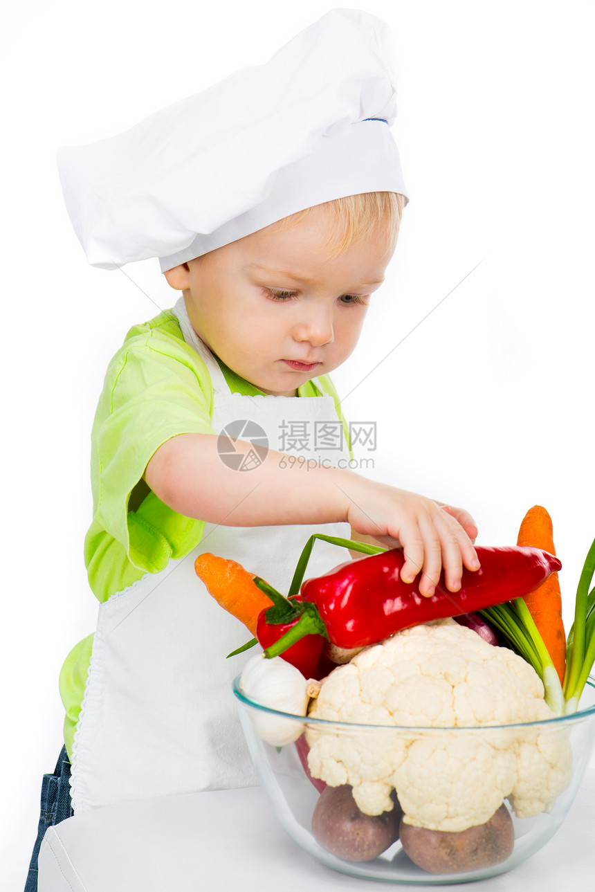带蔬菜的男孩饮食食物乐趣男性快乐童年营养微笑厨师婴儿图片