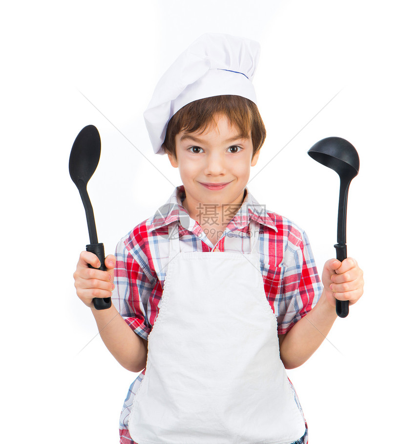 有黑勺子的男孩男性童年微笑帽子孩子们烹饪喜悦婴儿食物幸福图片