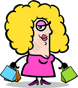 卡通女士购物拥有购物袋卡通漫画的幸福妇女嘴唇裙子女孩头发插图绘画购物卡通片女士快乐插画