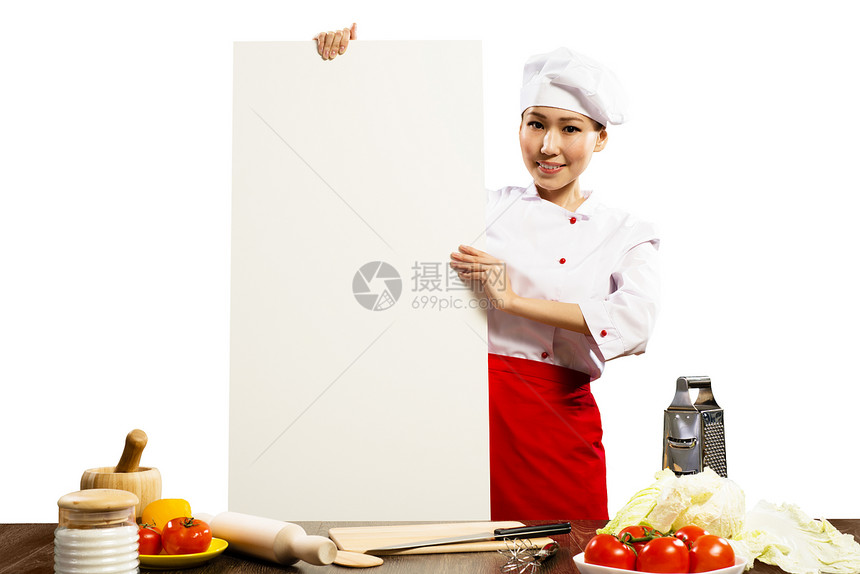 亚洲女厨师 手持该文本海报的亚洲女性厨师帽子面包师广告牌工作室广告女孩职员助手围裙餐厅图片