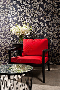 黑色黑红椅子房间公寓建筑学木头奢华墙纸地面扶手椅设计师花朵背景图片