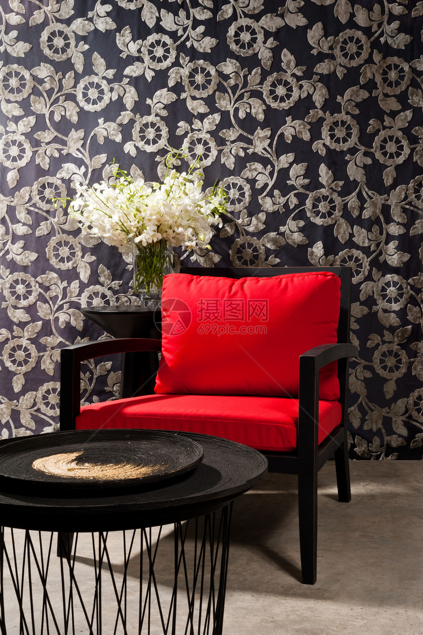 黑色黑红椅子枕头奢华家具设计师花红房子休息室桌子地面花朵图片