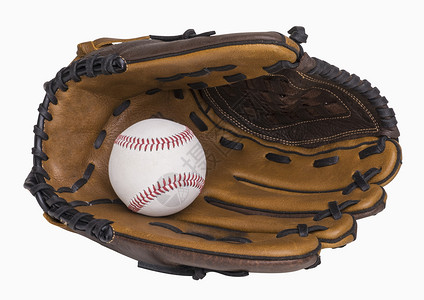 棒球球和手套器材皮革体育运动白色背景图片