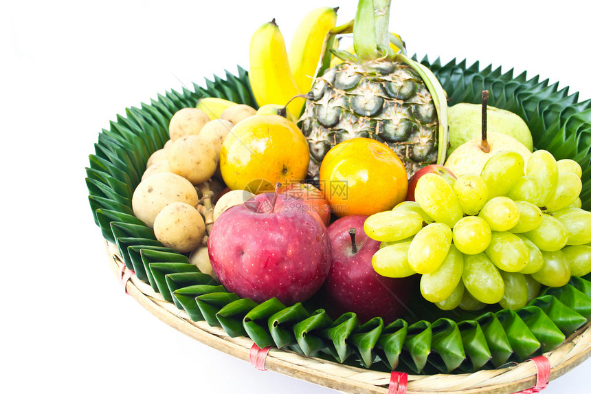 白色背景的水果盘热带异国宏观篮子产品展示盘子食物饮食橙子图片