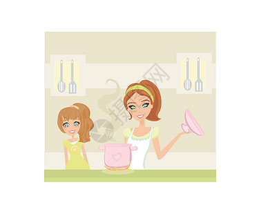 两个女儿女儿看着她母亲做饭设计图片