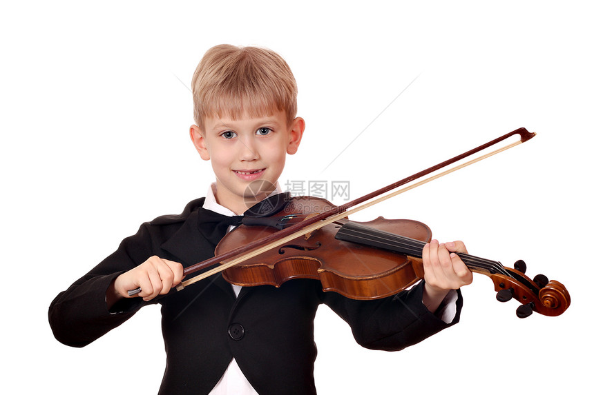 穿燕尾服的男孩玩小提琴青年孩子乐趣童年音乐家细绳白色提琴手娱乐快乐图片