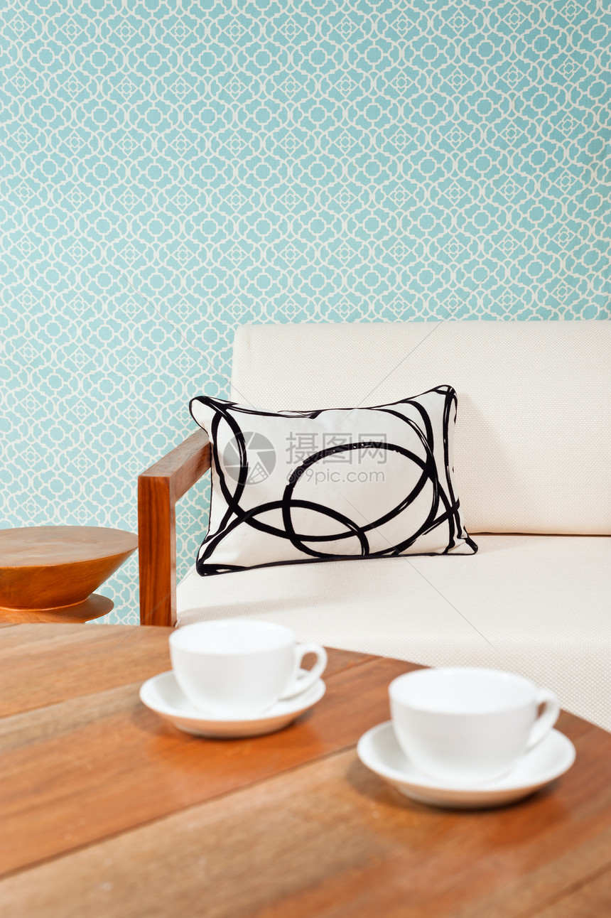 客厅内明亮的白色家具茶几地面木头枕头蓝色建筑学桌子房子休息室奢华图片