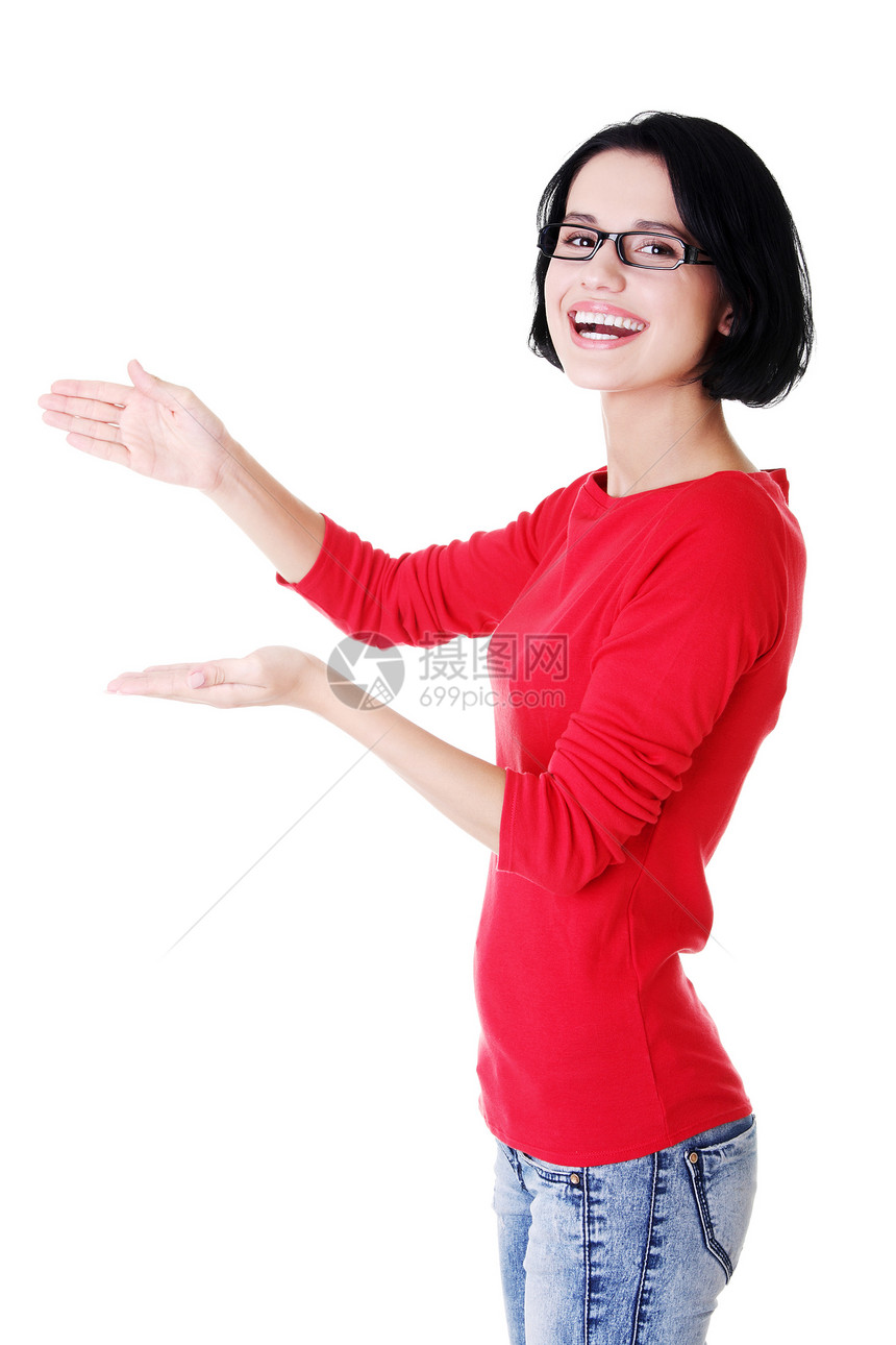 女性在手掌上复制空间白色喜悦手势产品广告手臂女士商业棕榈女孩图片