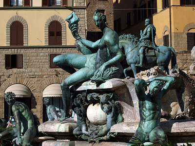 达马万德佛罗伦萨州的海王星喷泉领主水螅雕像雕塑马匹艺术广场双锥背景
