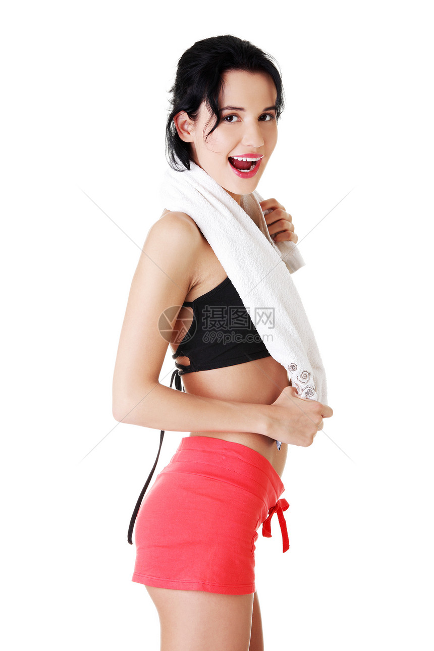 身着运动服 脖子上毛巾的妇女运动微笑娱乐青少年运动员训练女性数字成人黑发图片