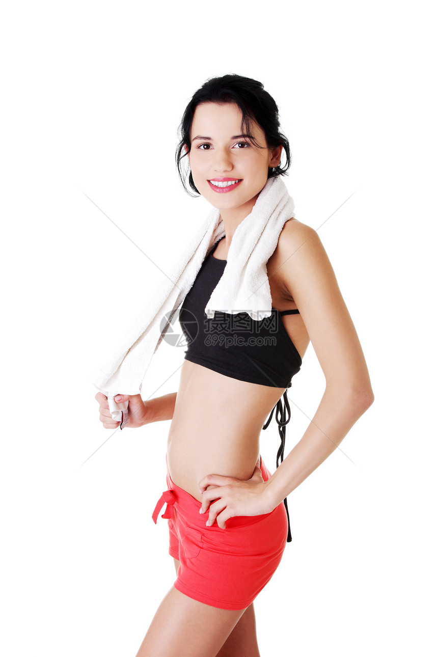 身着运动服 脖子上毛巾的妇女饮食健身房青少年运动员活力数字训练运动娱乐女性图片