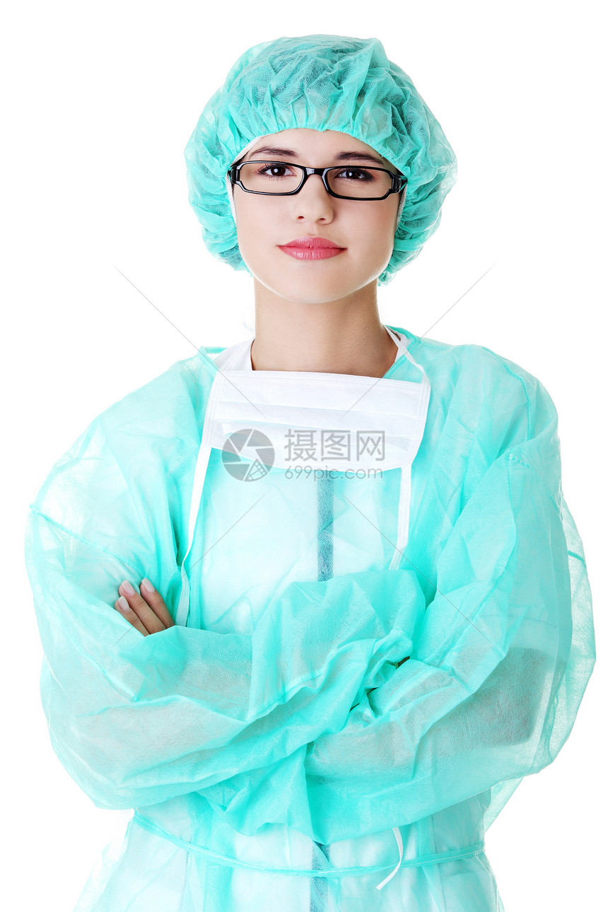 快乐年轻女医生的肖像外科助手帮助专家手套工人手术面具卫生蓝色图片