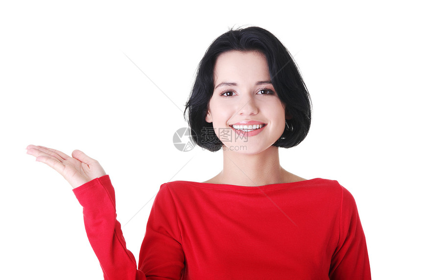 女性在手掌上复制空间产品广告女士成人商业白色快乐手势女孩喜悦图片