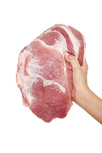 女性手握生猪肉猪肉牛肉杂货店红色奶牛白色鱼片肌肉牛扒食物背景图片