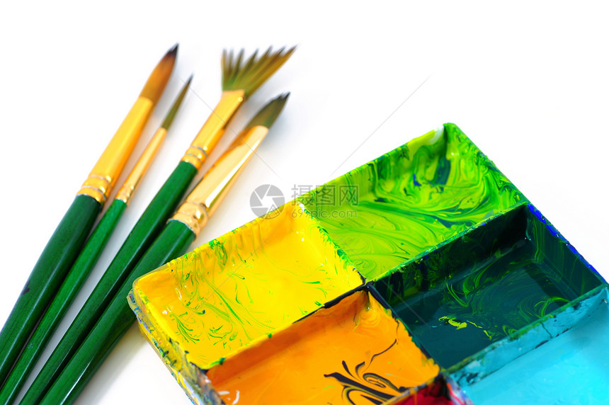 水彩手工具爱好用品创造力设备绿色状况蓝色油漆色彩图片