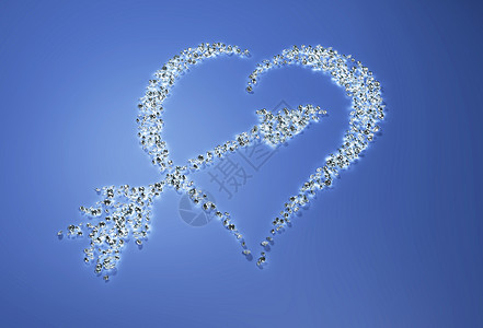 蓝色钻石心脏和箭是用钻石制成的背景