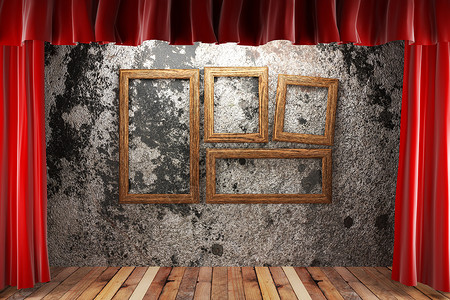 带框架的红织布窗帘木头装饰歌剧奢华娱乐画廊边界宣传展览展示背景图片