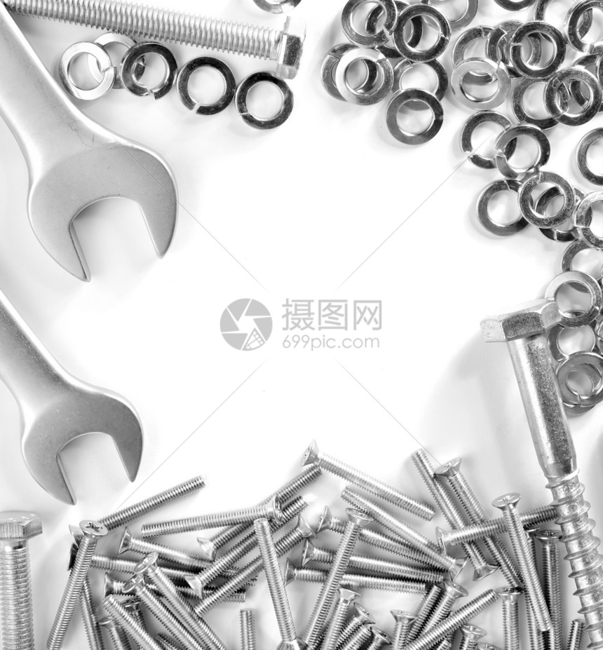 坚果和螺旋螺纹白色工具紧固件紧缩硬件金属工业合金宏观图片