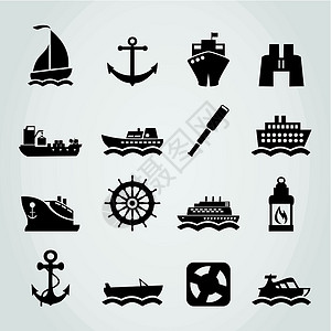 船舶图标拧紧插图瓶子游艇海滩轮船驳船网络导航灯塔插画