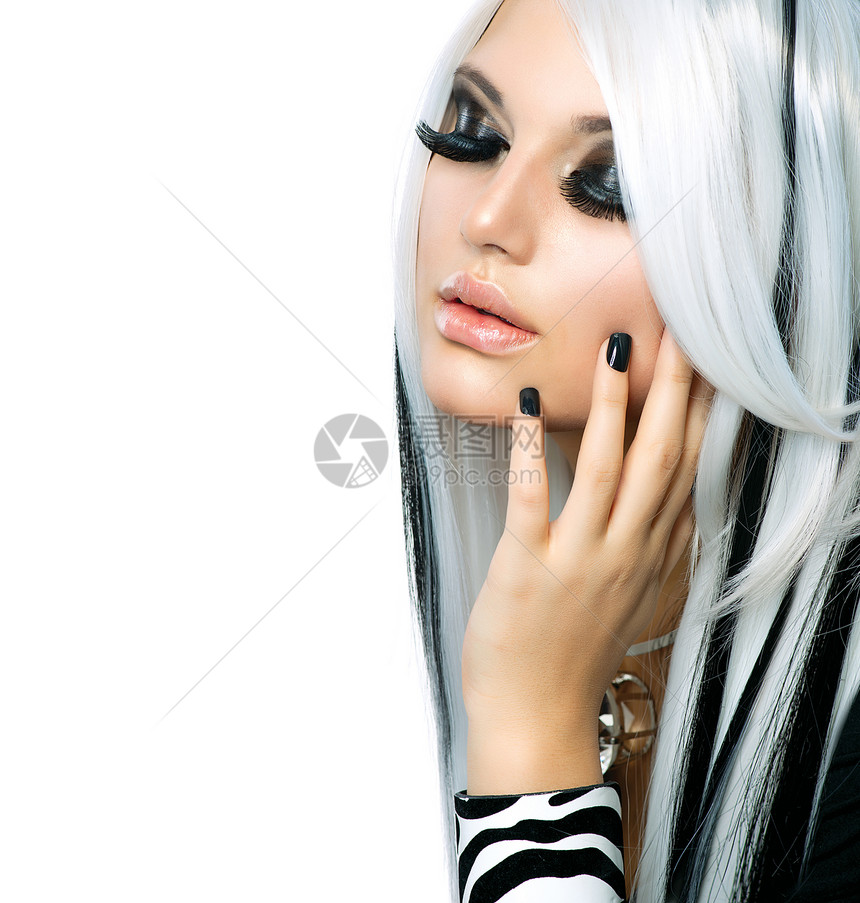 美容时装女孩黑白风格 长白头发造型魅力发型眼睛护理染色斑马金发调子睫毛图片