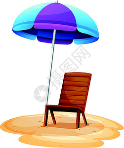 一把紫色的伞条纹海滩雨伞和木椅子座位卡通片灰色棕色邮政阳光绘画支撑动画片长椅设计图片