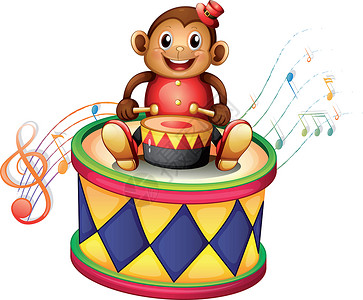 猴子音乐一只猴子在大鼓上方棱镜棕色动画片笔记绘画音乐家动物鼓手哺乳动物玩具插画