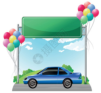 汽车交通指示牌一辆蓝色有色汽车上方的绿色空标牌框架彩色菜单杂草气球场景指示牌招牌海报卡通片插画