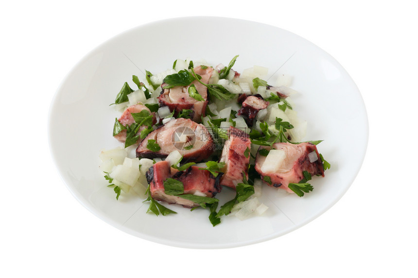章鱼沙拉盘子午餐红色香菜食物洋葱海鲜白色图片