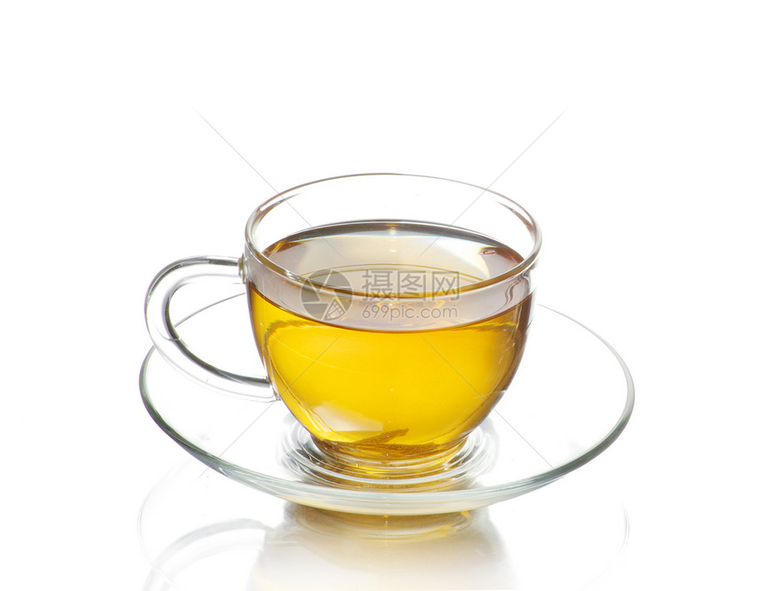茶茶杯水平玻璃绿色液体红色茶壶橙子叶子白色图片