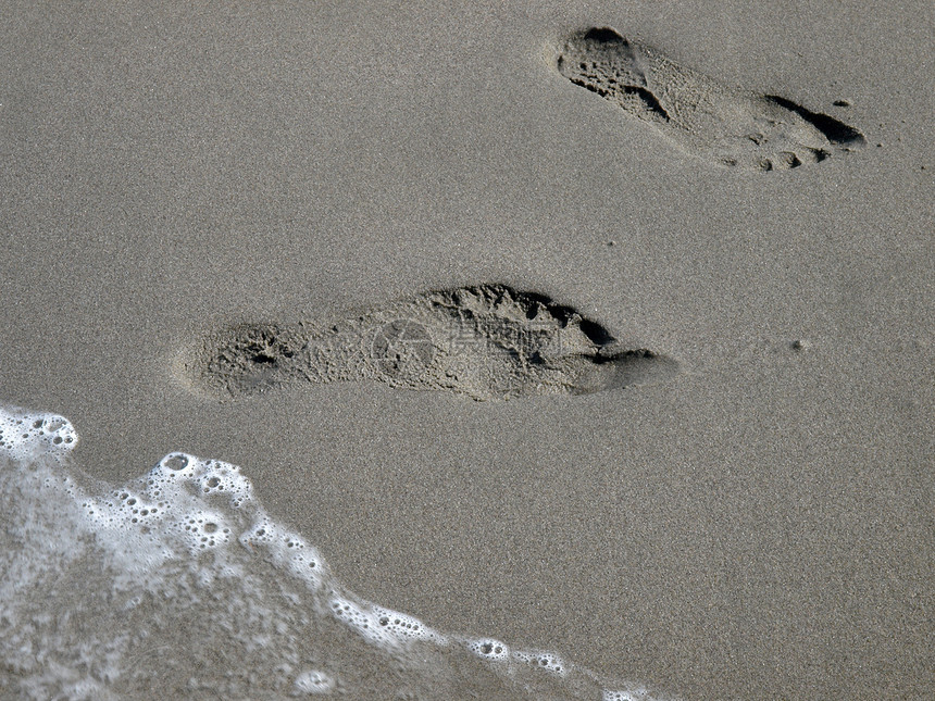 湿沙中脚印打印旅行支撑海浪海滩闲暇寻找者孤独生活探险家图片