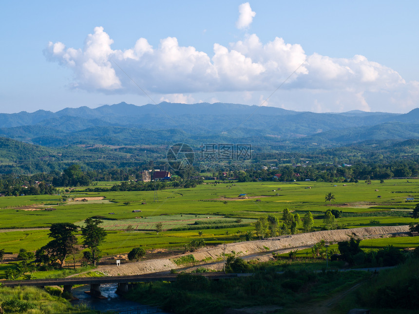 Mae Suay 水库附近的Paddy田和Moustain风景 清瑞木头假期驾驶天气旅行宝塔水景天空国家稻田图片