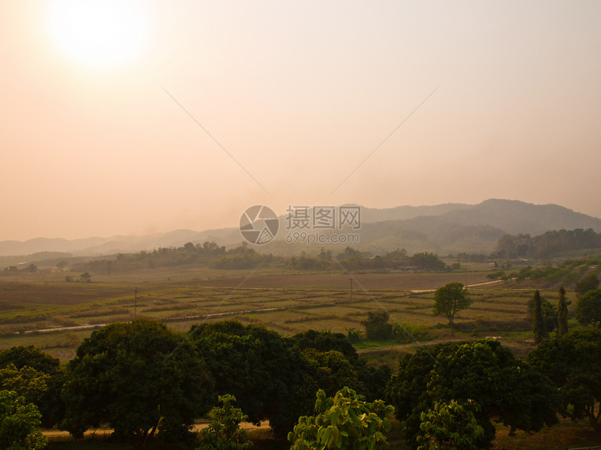 泰国清莱的稻田和山地日落风景森林树木国家农村小路踪迹地平线远足草地全景图片