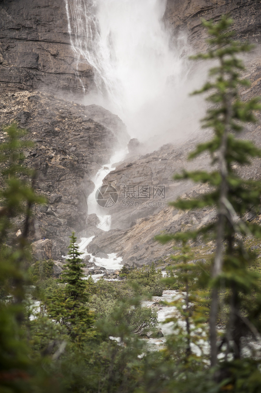 加拿大  不列颠哥伦比亚省  幽鹤国家公园瀑布山脉吸引力公园森林树木岩石国家悬崖彩虹图片